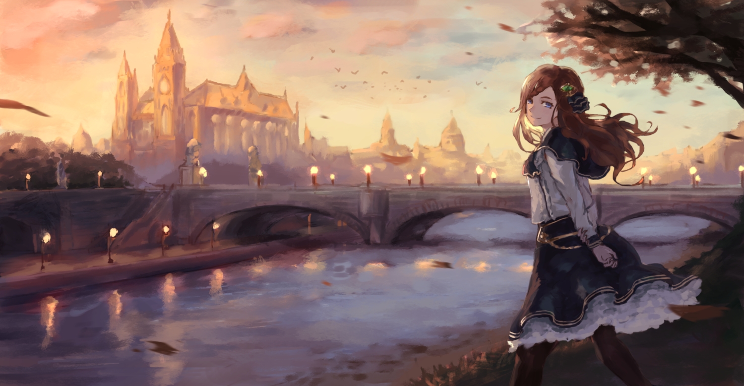 animal, bird, blue_eyes, brown_hair, building, city, clouds, dress, landscape, leaves, long_hair, na_(oagenosuke), original, pantyhose, reflection, scenic, sky, tree, water