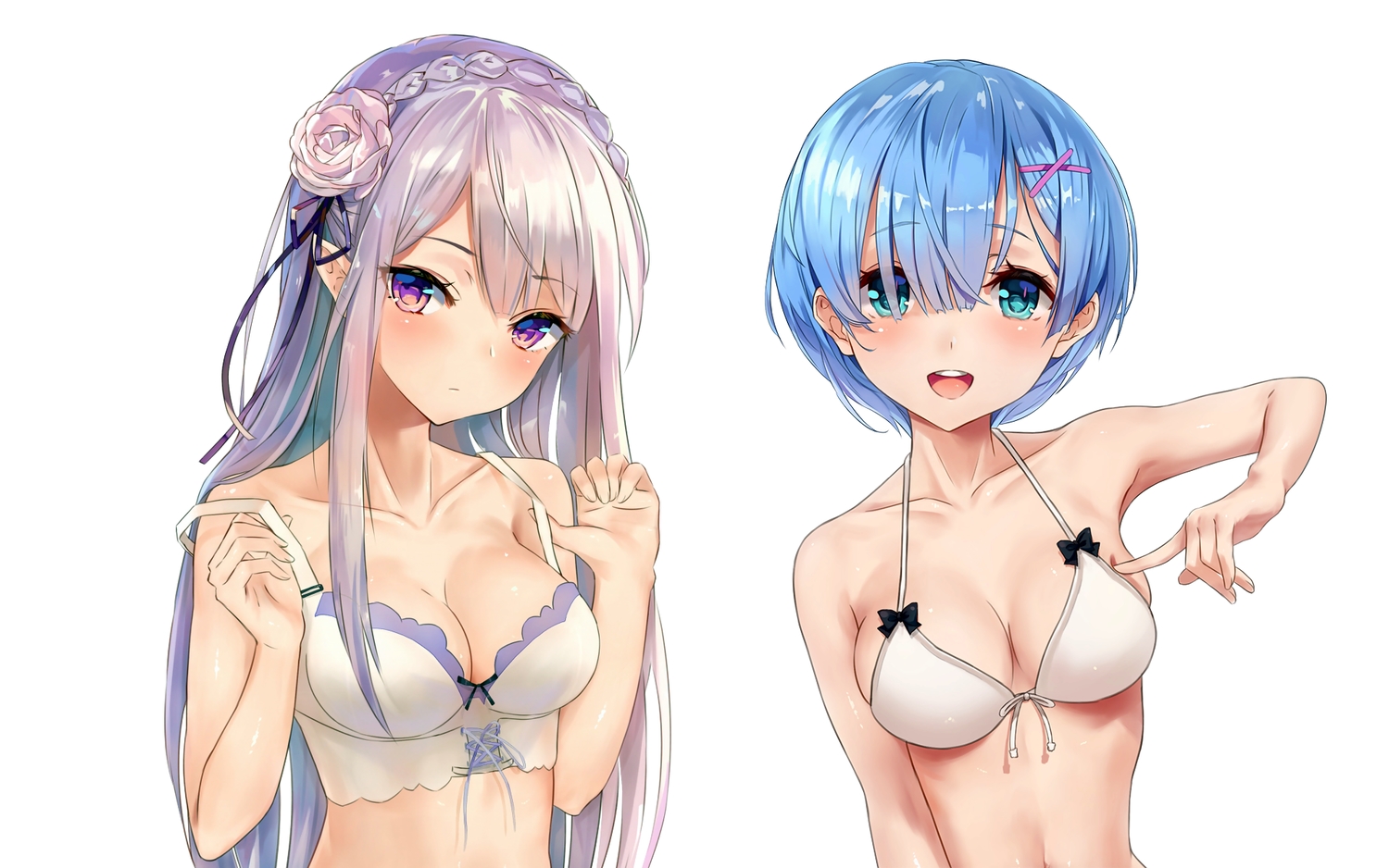 2girls, aimee_(emi), aqua_eyes, aqua_hair, blush, emilia_(re:zero), gray_hair, long_hair, purple_eyes, rem_(re:zero), re:zero_kara_hajimeru_isekai_seikatsu, third-party_edit, underwear, white