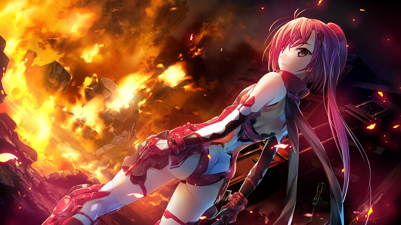 alice_soft, ass, bodysuit, brown_eyes, choukou_shinki_ixseal, elbow_gloves, fire, game_cg, gloves, houshou_kirika, long_hair, pink_hair, ponytail, tagme_(artist), thighhighs