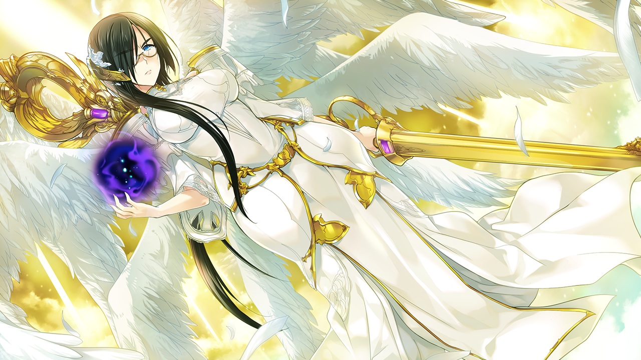 alice_soft, angel, aqua_eyes, azuel, black_hair, breasts, choukou_shinki_ixseal, feathers