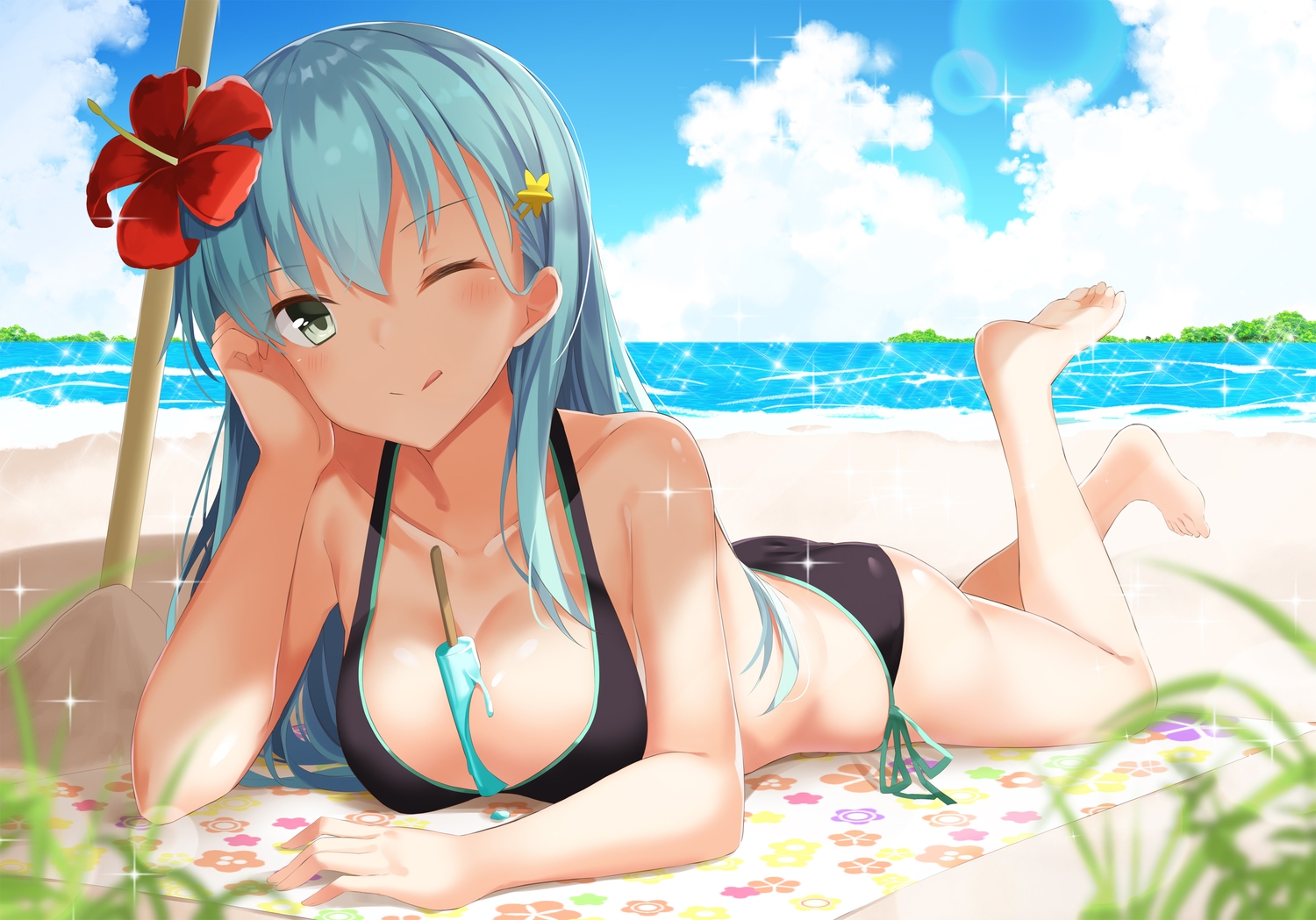 anthropomorphism, aqua_hair, ass, barefoot, bikini, breasts, clouds, flowers
