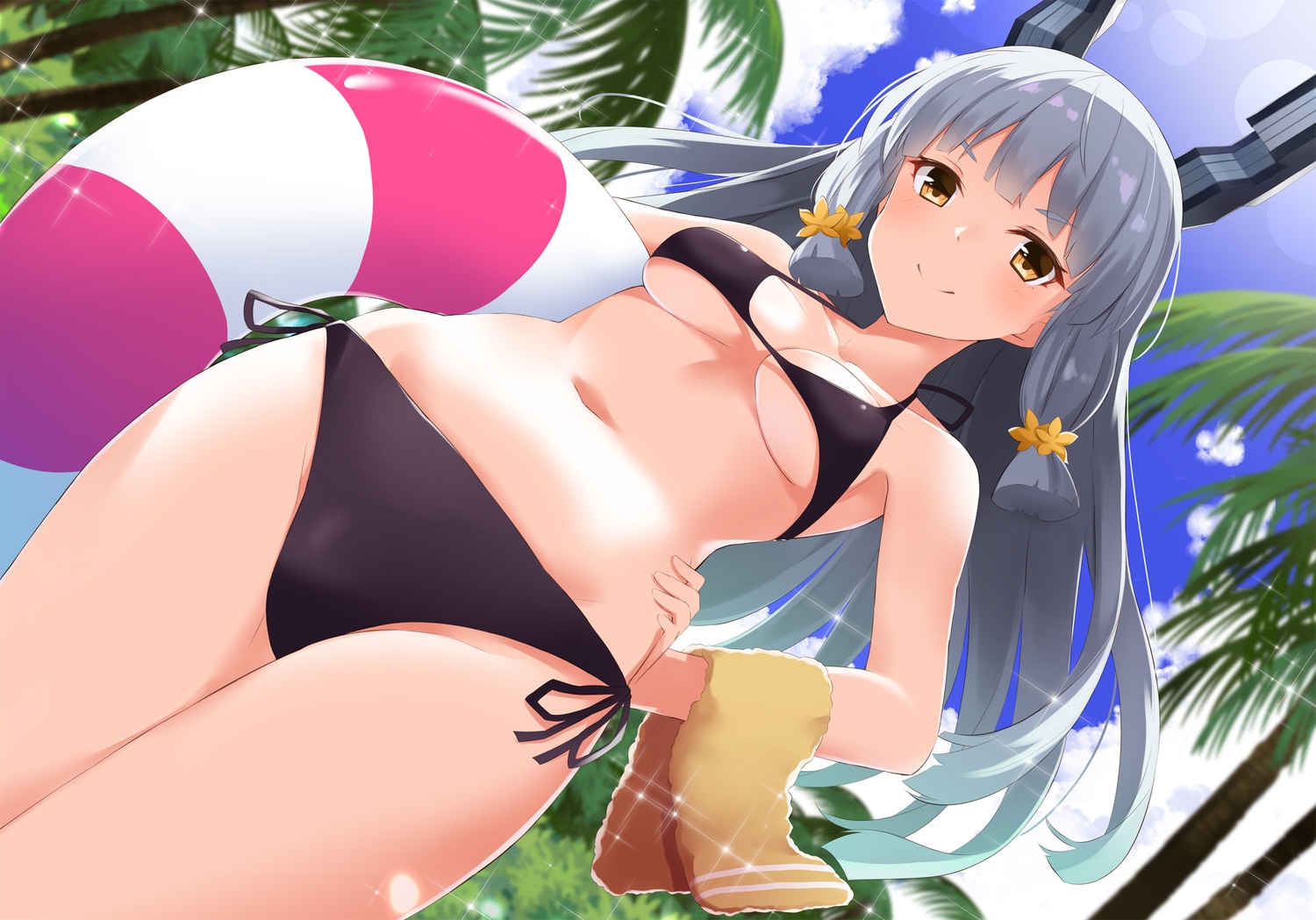 anthropomorphism, bikini, breasts, brown_eyes, gray_hair, kantai_collection, long_hair, murakumo_(kancolle)