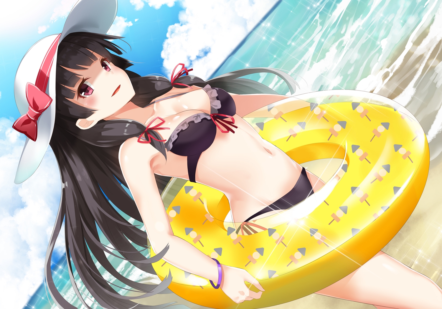 anthropomorphism, beach, bikini, black_hair, blush, breasts, cleavage, clouds