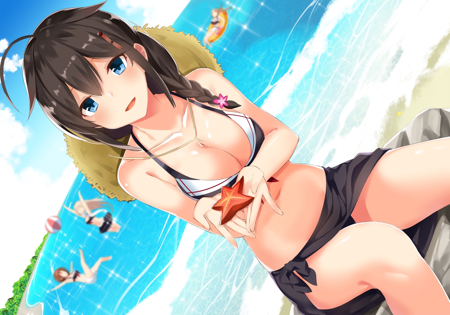 anthropomorphism, aqua_eyes, ball, beach, bikini, blush, breasts, brown_hair, cleavage, hat, kantai_collection, long_hair, murasame_(kancolle), shigure_(kancolle), shiratsuyu_(kancolle), skirt, swimsuit, takehana_note, water, yuudachi_(kancolle)