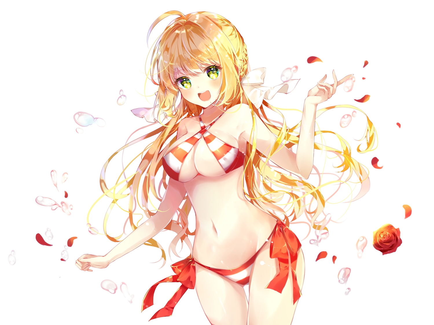 bikini, blonde_hair, braids, breasts, cleavage, fate/grand_order, fate_(series), green_eyes