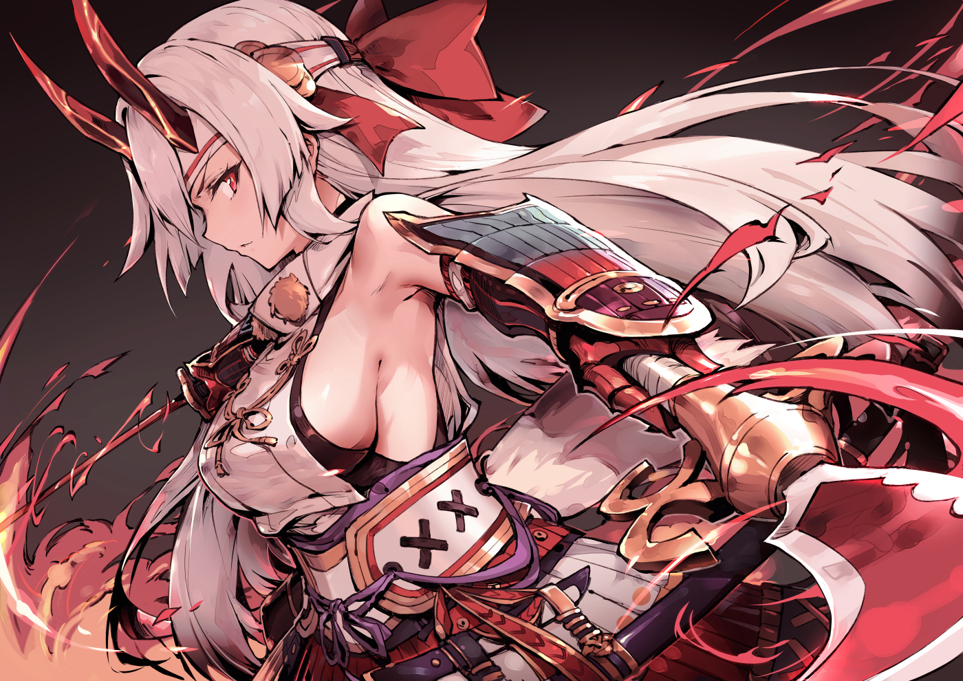 armor, breasts, fate/grand_order, fate_(series), gloves, haoni, horns, long_hair, red_eyes, samurai, sideboob, sword, tomoe_gozen, weapon, white_hair
