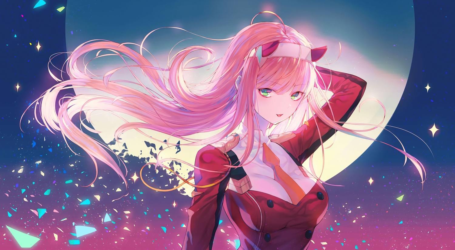 breasts, darling_in_the_franxx, green_eyes, headband, horns, kh_(kh_1128), long_hair, pink_hair, uniform, zero_two