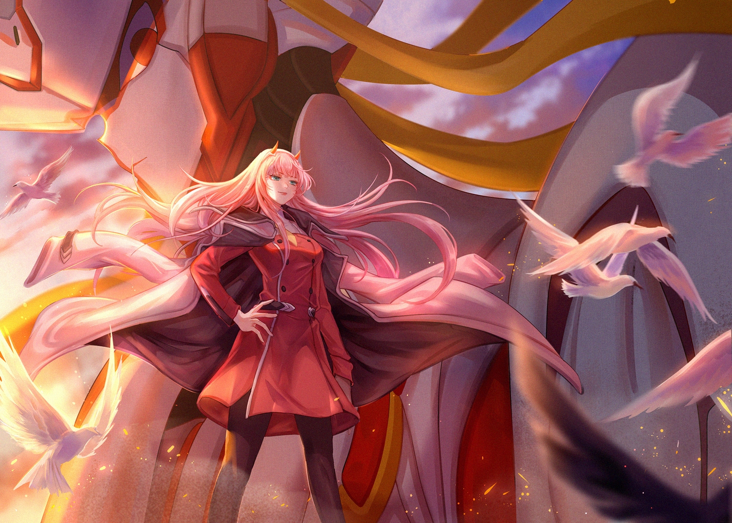 animal, aqua_eyes, bird, cape, darling_in_the_franxx, horns, long_hair, mecha, pantyhose, pink_hair, uniform, xilin, zero_two