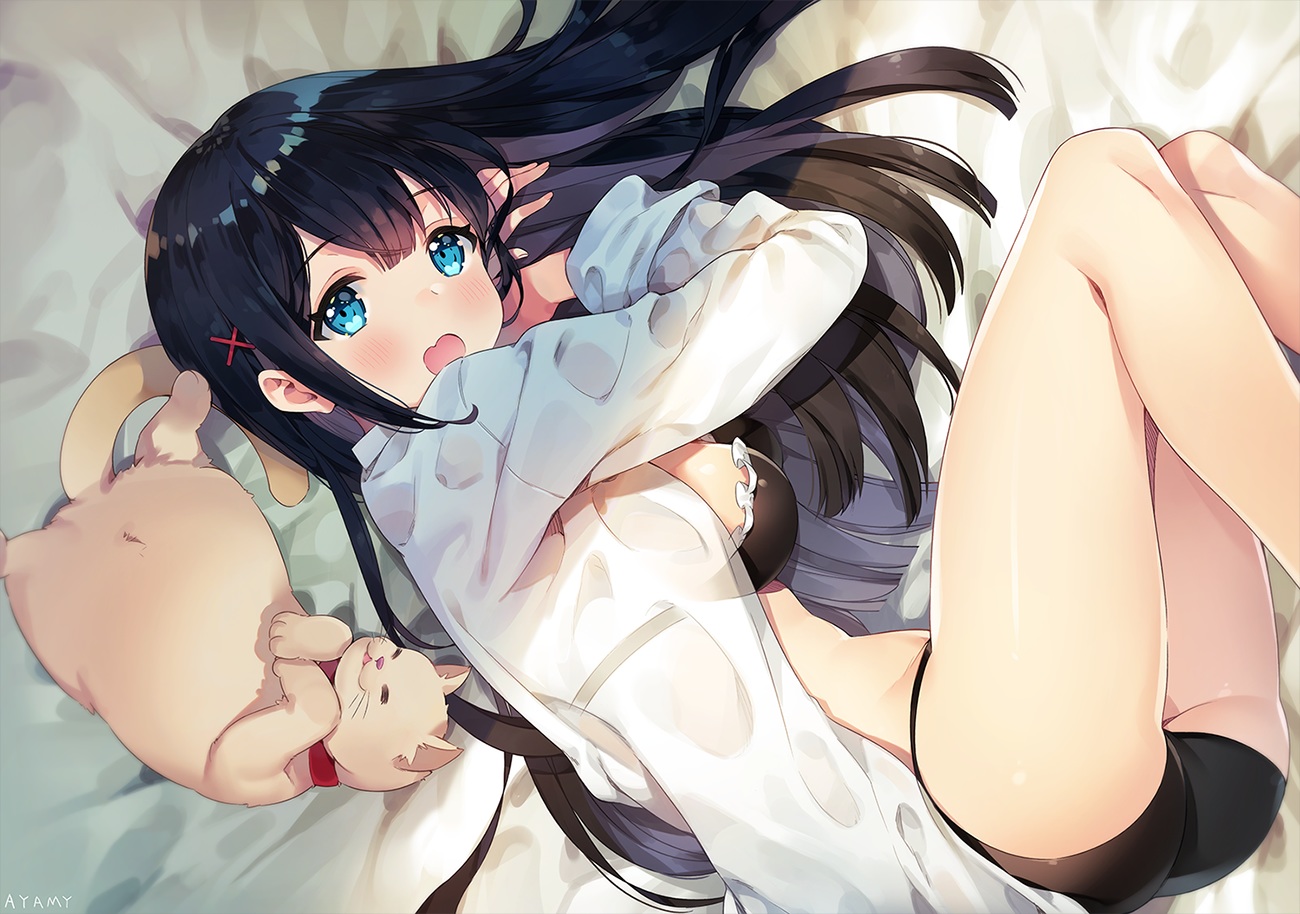 animal, aqua_eyes, ayamy, black_hair, breasts, cat, long_hair, miyawaki_sana, open_shirt, original, panties, shirt, signed, underwear