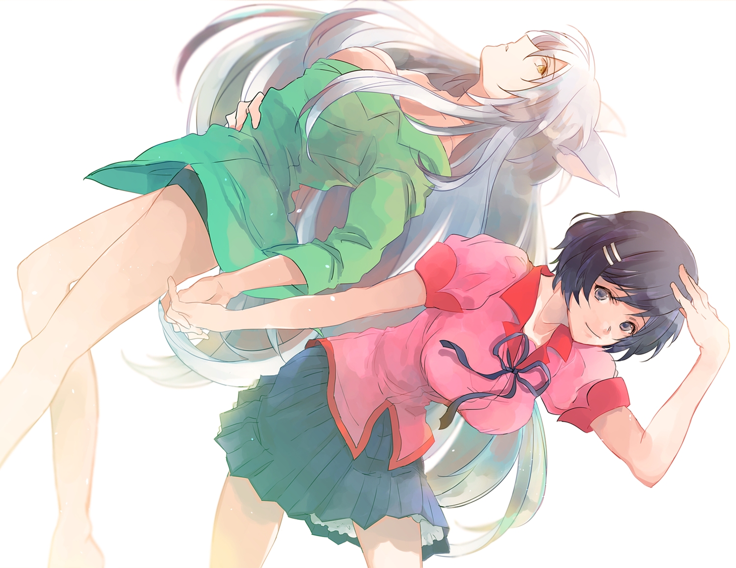 animal_ears, bakemonogatari, black_eyes, black_hair, breasts, catgirl, hanekawa_tsubasa, long_hair, monogatari_(series), nekomonogatari, ribbons, roso_(ka_kka), school_uniform, short_hair, skirt, white_hair, yellow_eyes