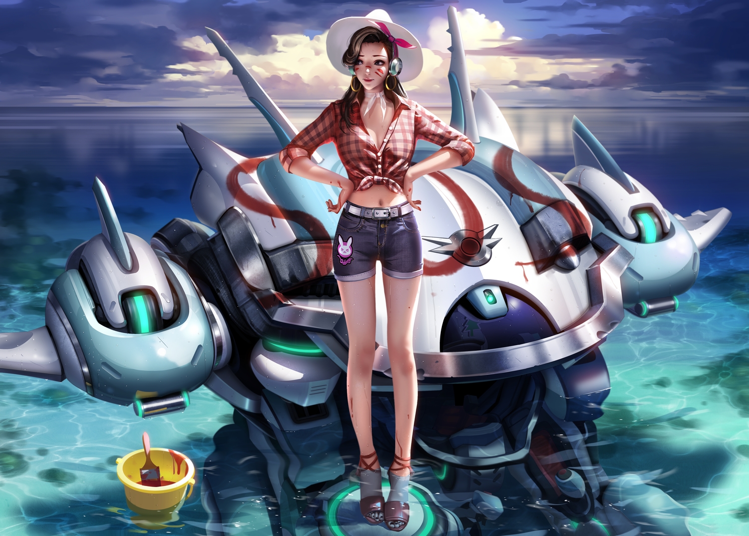 brown_hair, clouds, d.va, hat, headphones, liang_xing, long_hair, mecha