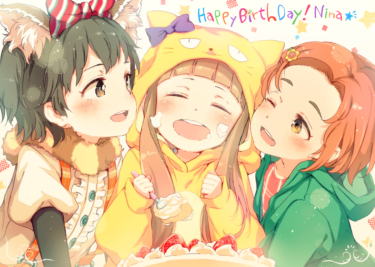 akagi_miria, animal_ears, blush, bow, brown_eyes, brown_hair, food, fruit