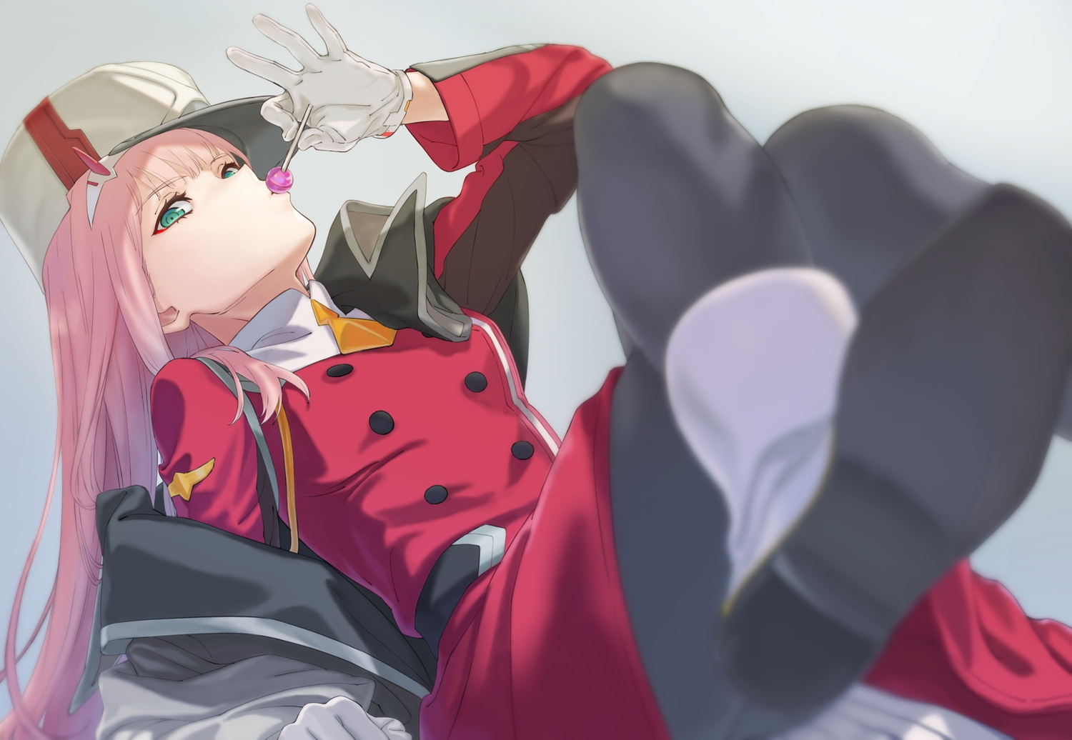 candy, darling_in_the_franxx, gloves, green_eyes, hat, lollipop, long_hair, pantyhose, pink_hair, tuchinokoeffect, uniform, zero_two