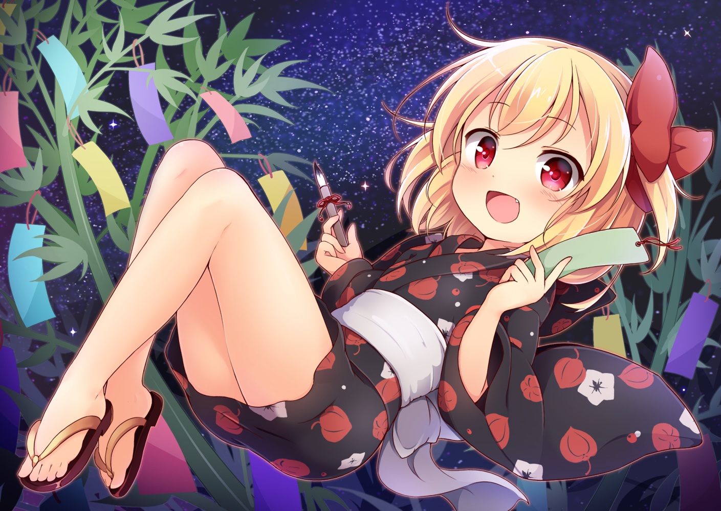 baku_ph, blonde_hair, bow, fang, japanese_clothes, loli, red_eyes, rumia