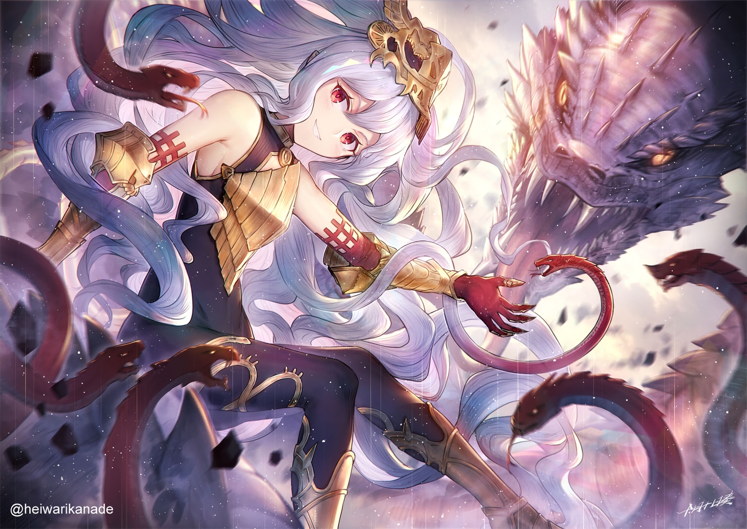 animal, blush, bodysuit, boots, granblue_fantasy, headdress, medusa_(shingeki_no_bahamut), red_eyes