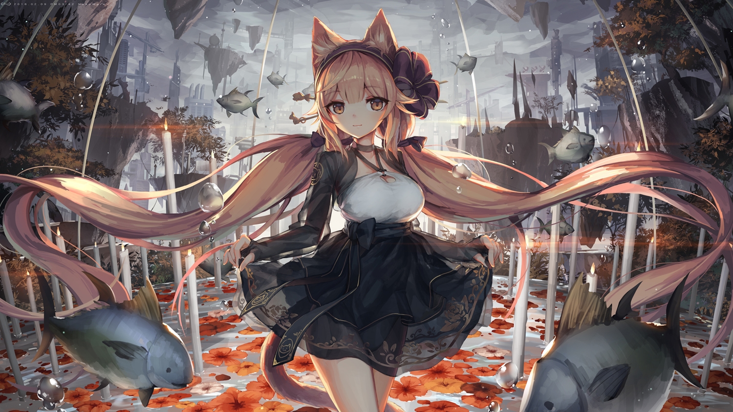 animal, animal_ears, blonde_hair, bow, breasts, brown_eyes, catgirl, cleavage