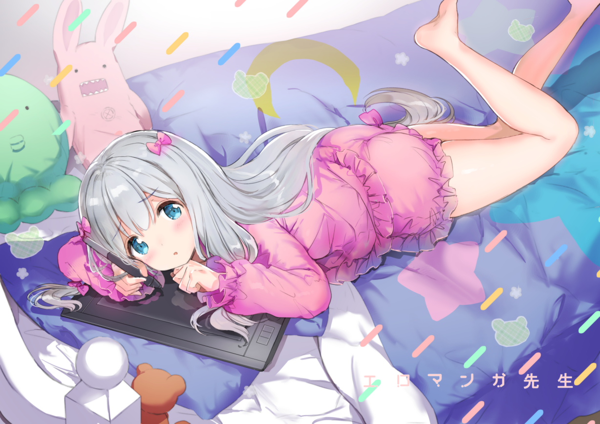 aqua_eyes, barefoot, bed, bow, computer, eromanga-sensei, gray_hair, hayama_eishi