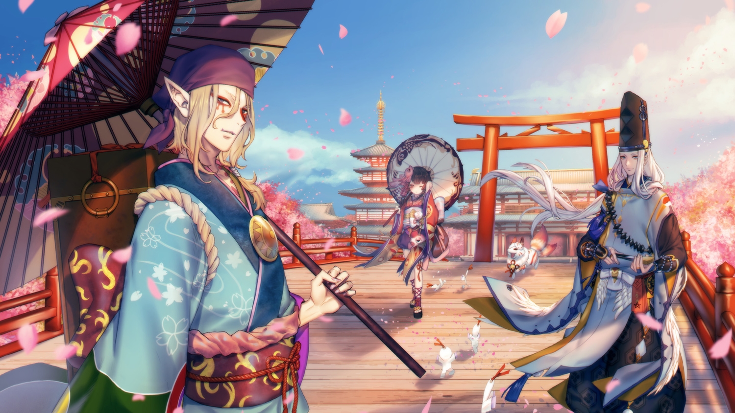 abe_no_seimei_(onmyouji), animal, blonde_hair, brown_eyes, brown_hair, building, cherry_blossoms, clouds, flowers, fox, gloves, hat, headdress, japanese_clothes, kagura_(onmyouji), kimono, kokutan_kitsune, loli, long_hair, male, multiple_tails, onmyouji, petals, pointed_ears, red_eyes, short_hair, sky, tagme_(character), tail, tattoo, torii, umbrella, white_hair, wink