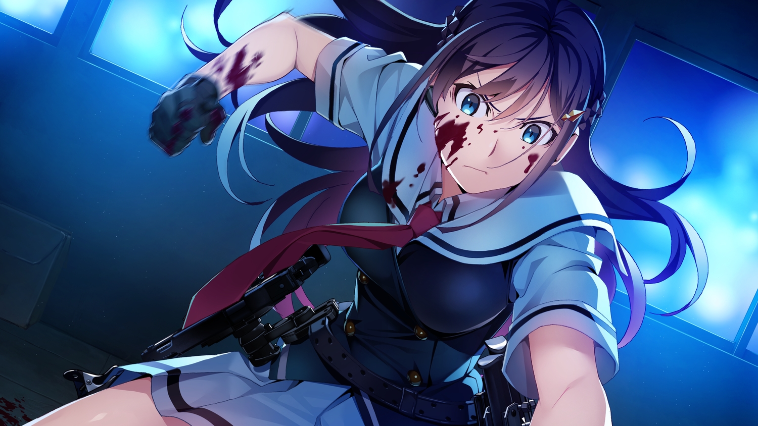 aqua_eyes, blood, braids, breasts, front_wing, fukami_reina, game_cg, gloves