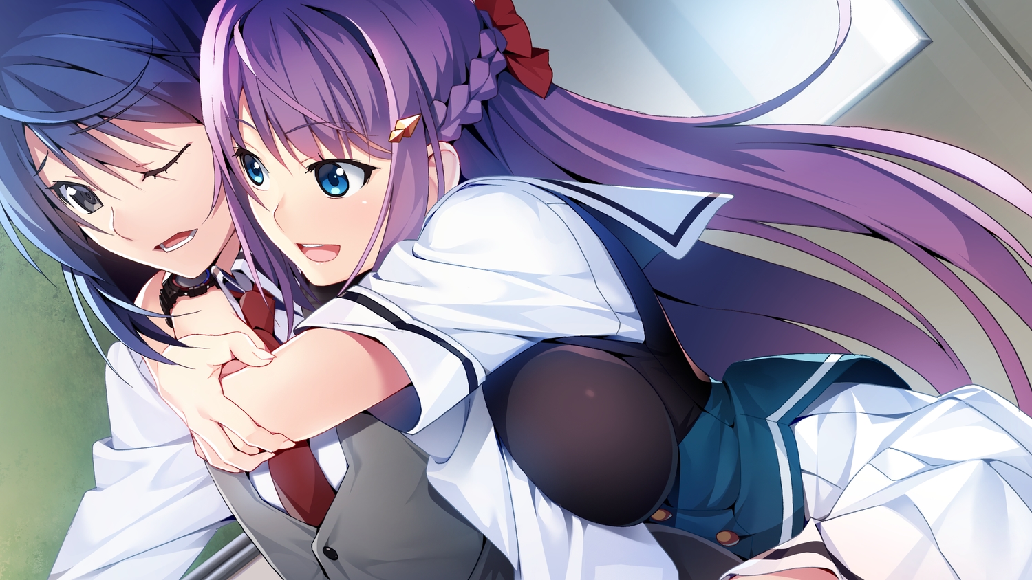 aoi_haruto, aqua_eyes, black_eyes, blue_hair, braids, breasts, front_wing, fukami_reina
