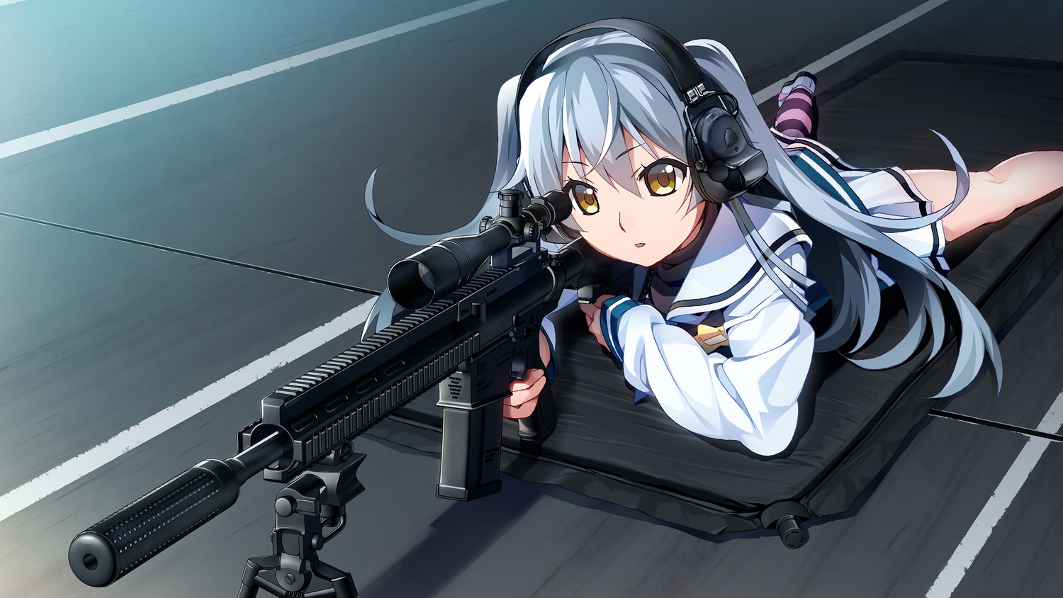 brown_eyes, front_wing, game_cg, gray_hair, grisaia:_phantom_trigger, gun, headphones, long_hair