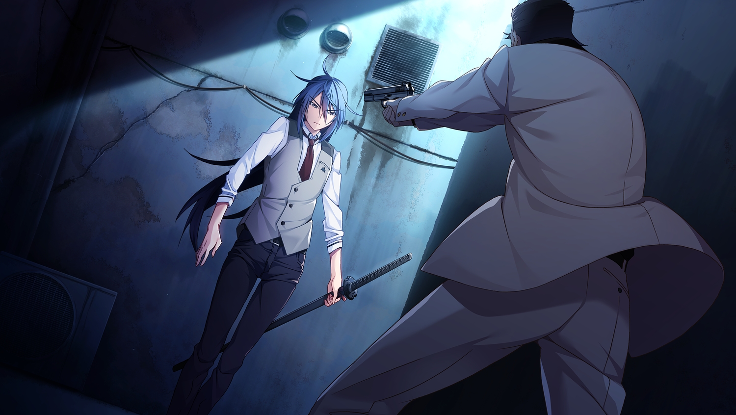 all_male, aoi_haruto, black_eyes, blue_hair, front_wing, game_cg, grisaia:_phantom_trigger, gun
