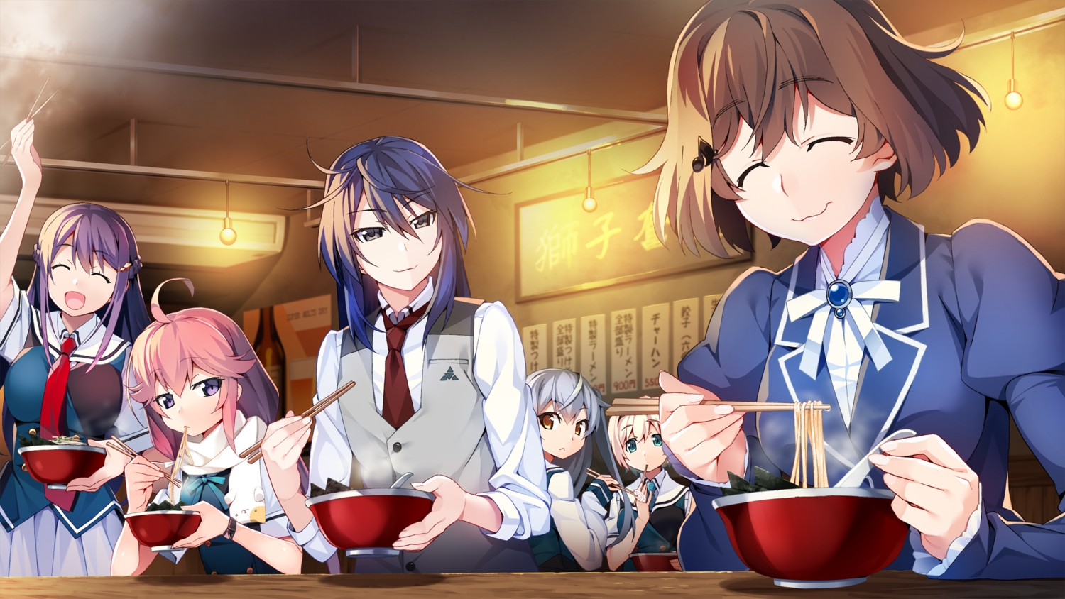 aoi_haruto, blue_hair, braids, brown_hair, food, front_wing, fukami_reina, game_cg