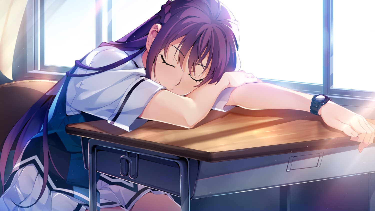 braids, front_wing, fukami_reina, game_cg, grisaia:_phantom_trigger, long_hair, purple_hair, school_uniform