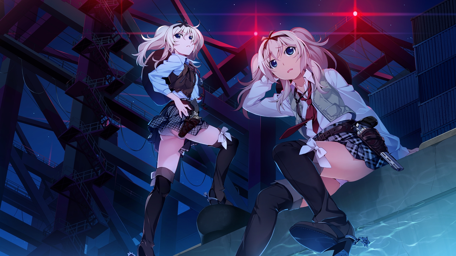 2girls, aqua_eyes, ass, blonde_hair, boots, bow, front_wing, game_cg, grisaia:_phantom_trigger, gun, inagaki_choco, inagaki_vanilla, long_hair, night, panties, ribbons, school_uniform, skirt, twintails, underwear, watanabe_akio, weapon