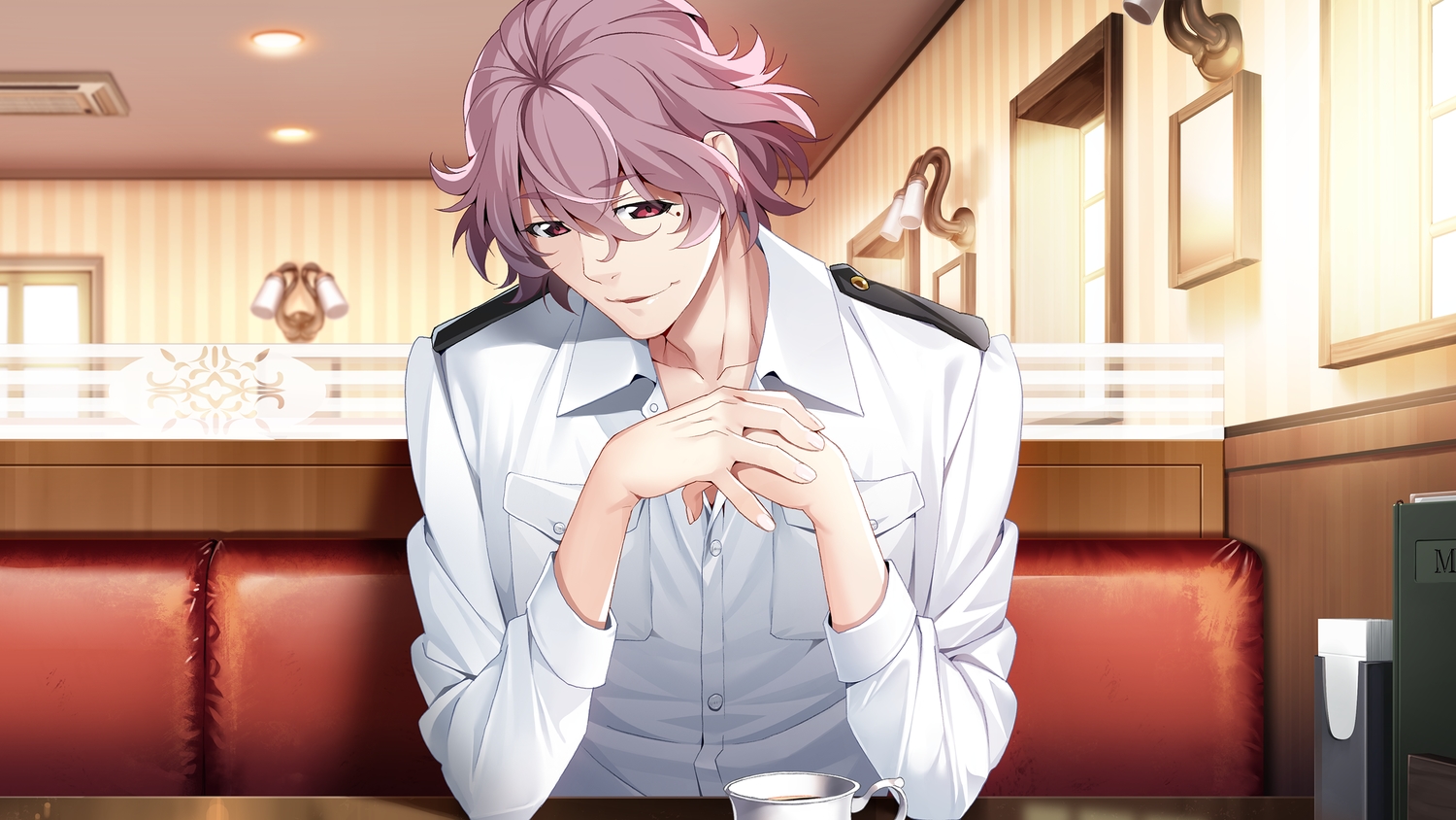 all_male, drink, front_wing, game_cg, grisaia:_phantom_trigger, male, military, purple_hair, red_eyes, short_hair, ukawa_chihiro, uniform, watanabe_akio
