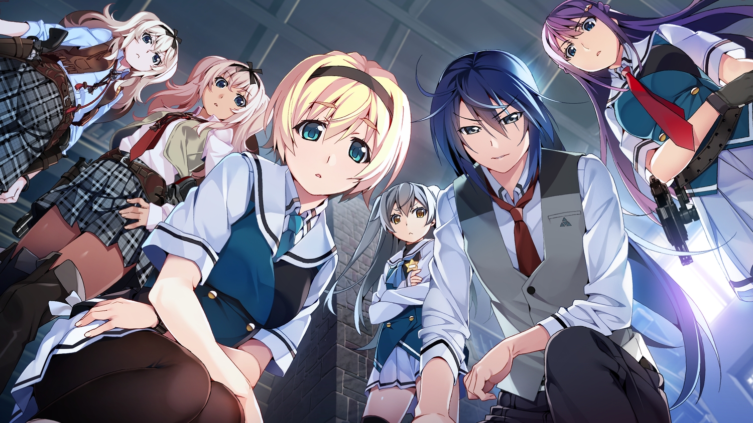 aoi_haruto, aqua_eyes, blonde_hair, blue_hair, boots, braids, brown_eyes, front_wing, fukami_reina, game_cg, gloves, gray_hair, grisaia:_phantom_trigger, group, gun, headband, inagaki_choco, inagaki_vanilla, kujirase_christina_sakurako, long_hair, male, pantyhose, purple_hair, ribbons, school_uniform, shishigaya_touka, short_hair, skirt, thighhighs, tie, twintails, watanabe_akio, weapon