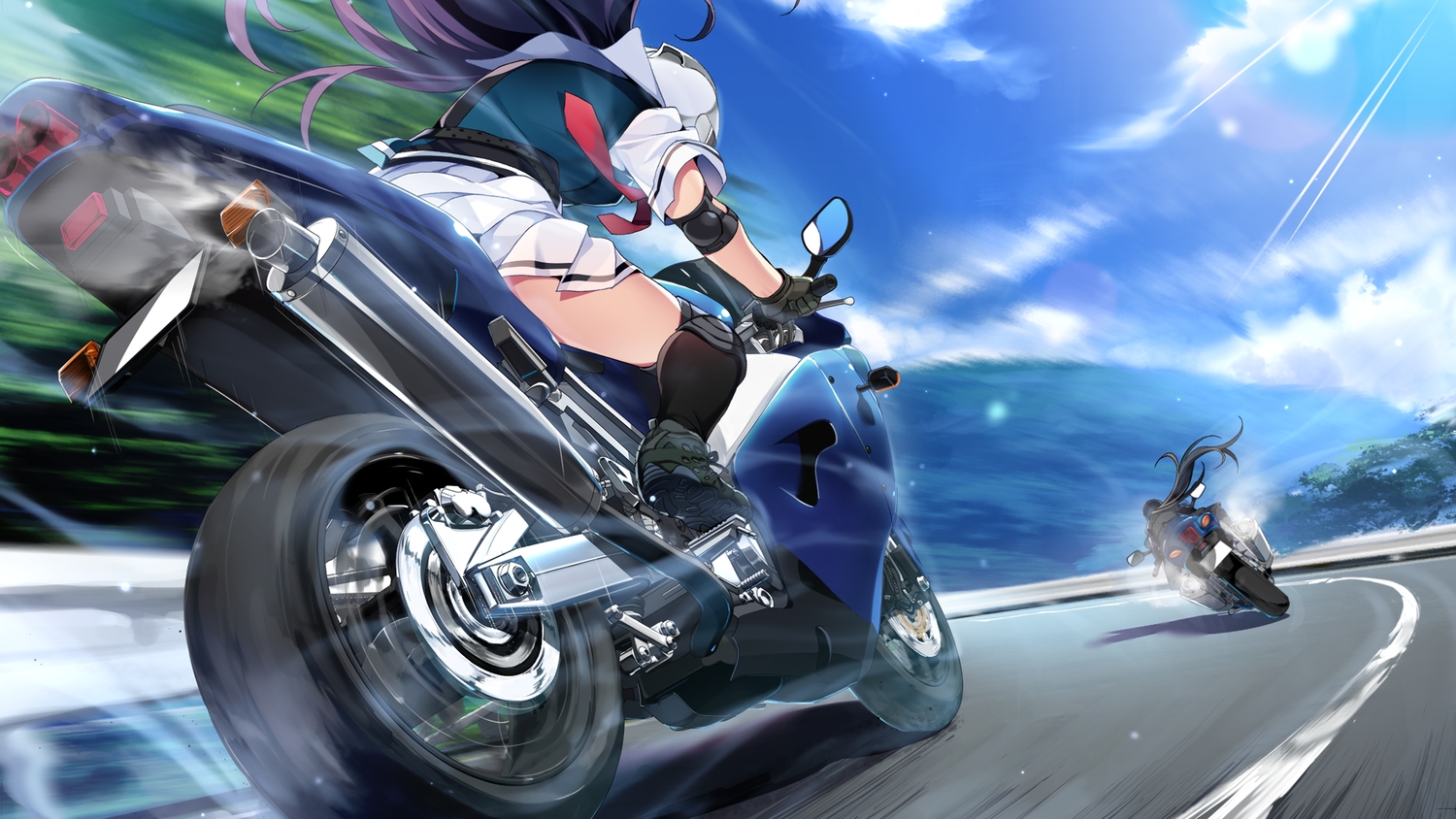 clouds, front_wing, fukami_reina, game_cg, grisaia:_phantom_trigger, kneehighs, long_hair, motorcycle