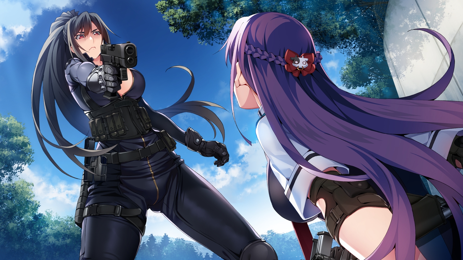 2girls, black_hair, bodysuit, braids, breasts, clouds, front_wing, fukami_reina