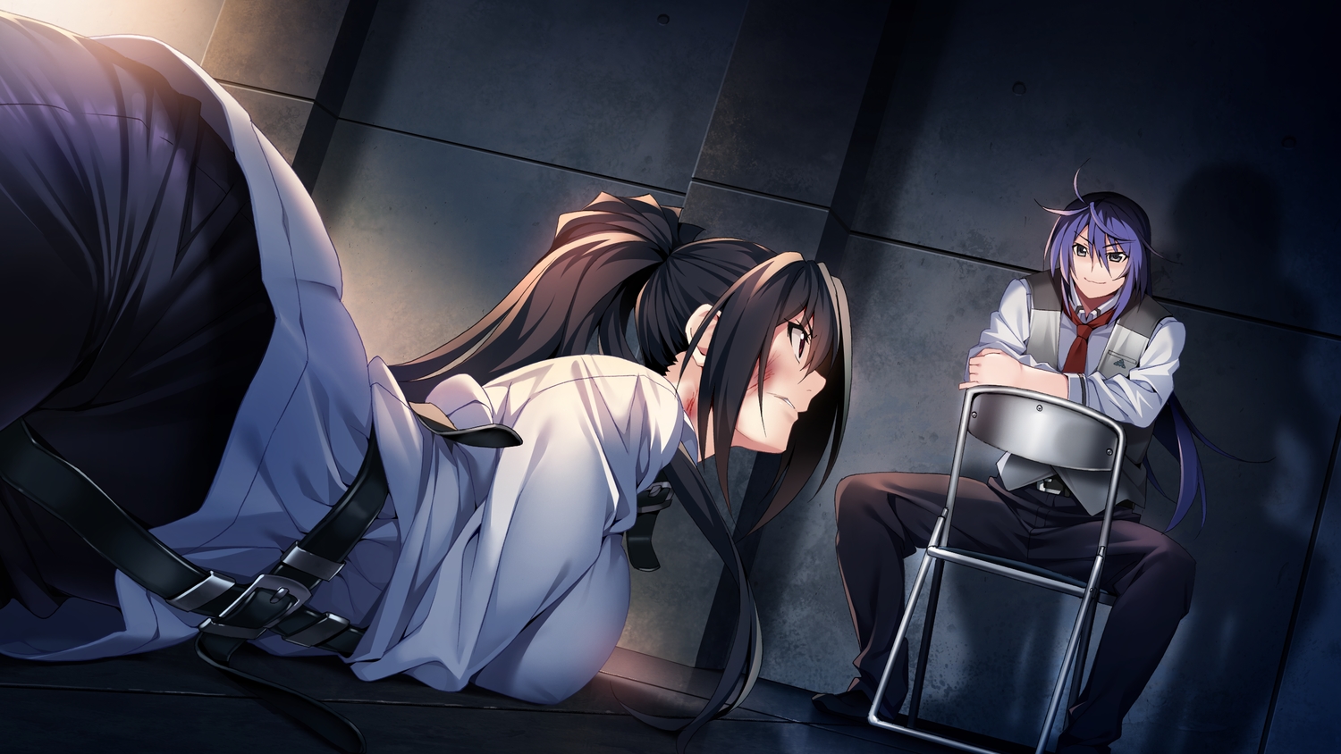 aoi_haruto, black_hair, blue_hair, bondage, breasts, front_wing, game_cg, grisaia:_phantom_trigger, inohara_maki, long_hair, male, ponytail, red_eyes, tie, watanabe_akio