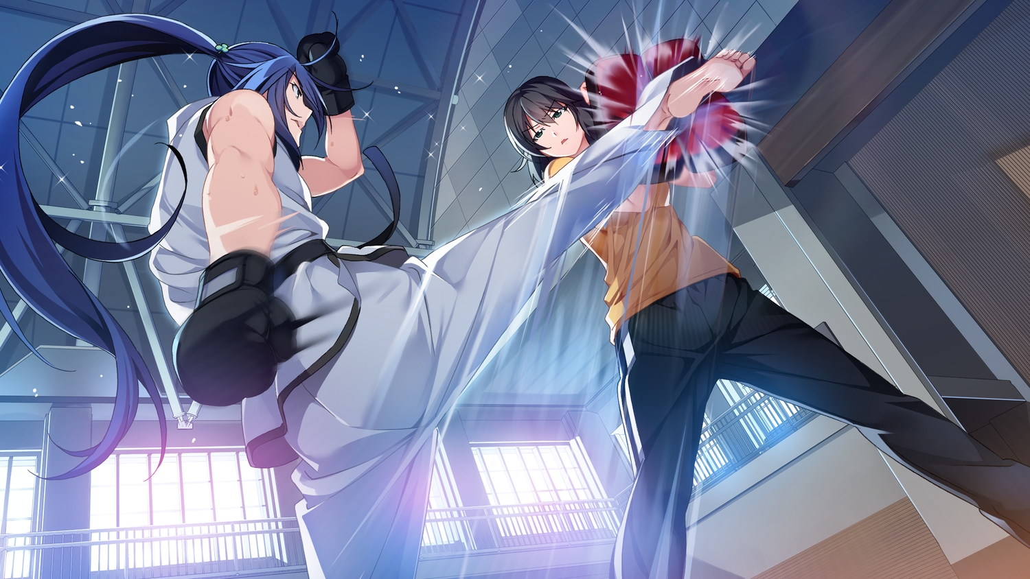 aoi_haruto, barefoot, black_hair, blue_hair, front_wing, game_cg, gloves, green_eyes