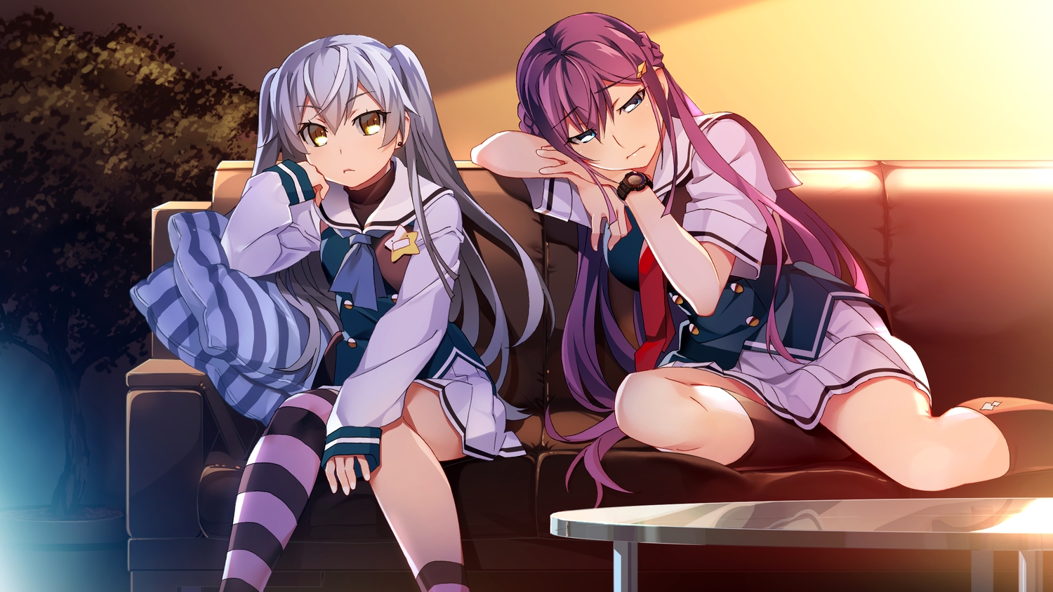 2girls, aqua_eyes, braids, couch, front_wing, fukami_reina, game_cg, gray_hair