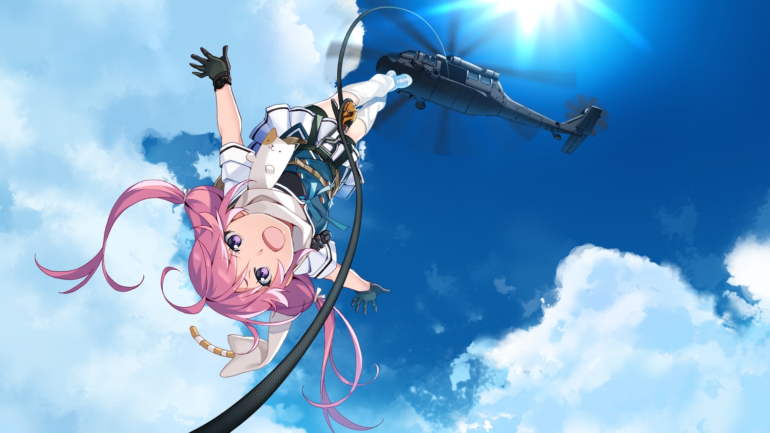 clouds, combat_vehicle, front_wing, game_cg, gloves, grisaia:_phantom_trigger, ikoma_murasaki, long_hair