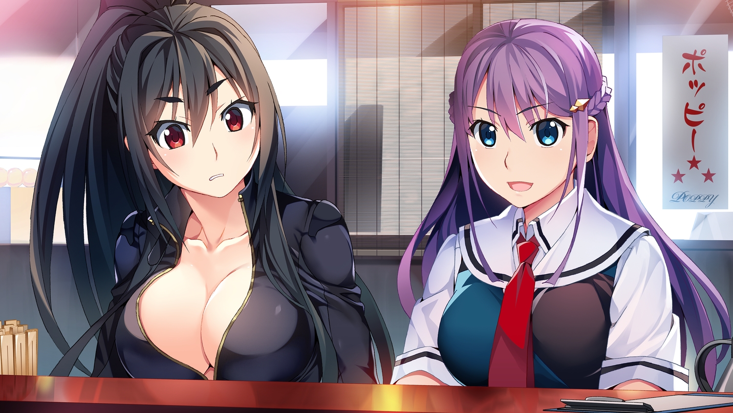 2girls, aqua_eyes, black_hair, braids, breasts, cleavage, front_wing, fukami_reina, game_cg, grisaia:_phantom_trigger, inohara_maki, long_hair, open_shirt, ponytail, purple_hair, red_eyes, school_uniform, tie, watanabe_akio