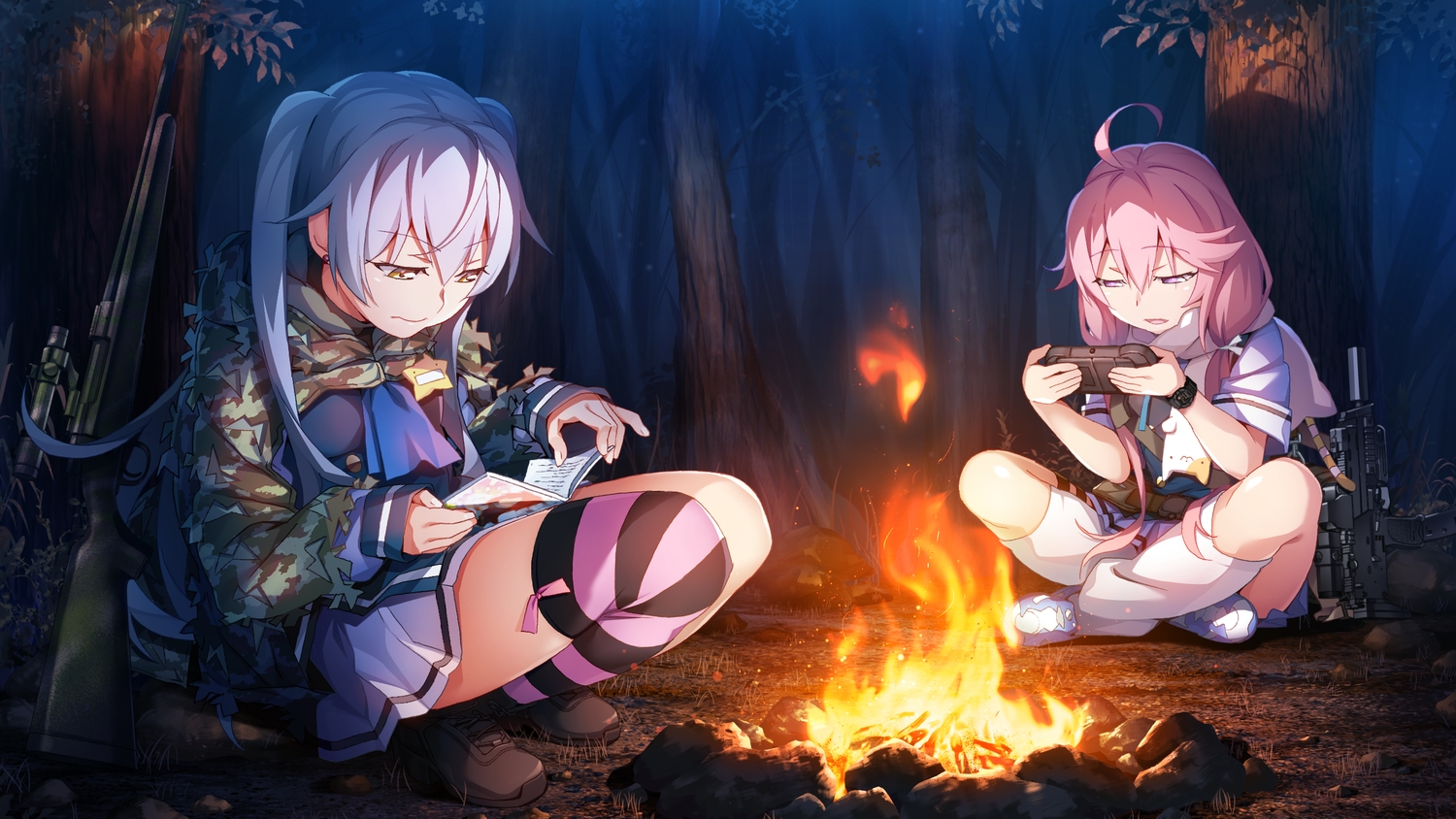 2girls, book, fire, forest, front_wing, game_cg, game_console, gray_hair