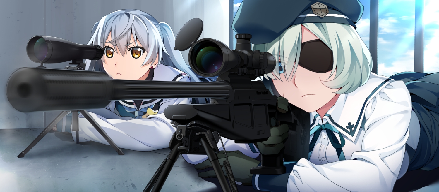 2girls, aqua_eyes, eyepatch, front_wing, game_cg, gray_hair, grisaia:_phantom_trigger, hat