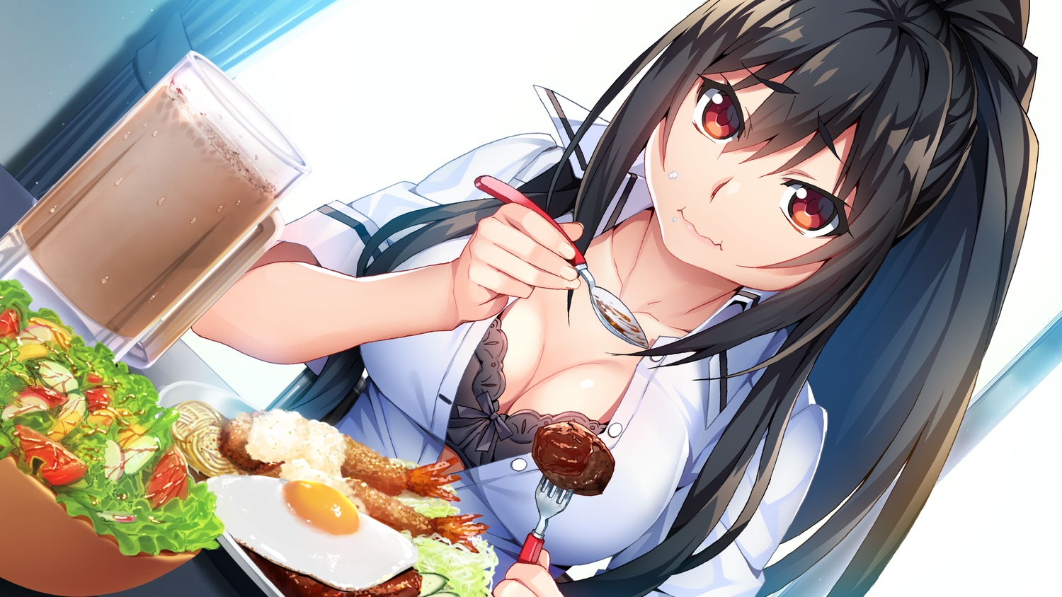 black_hair, bow, bra, breasts, cleavage, drink, food, front_wing