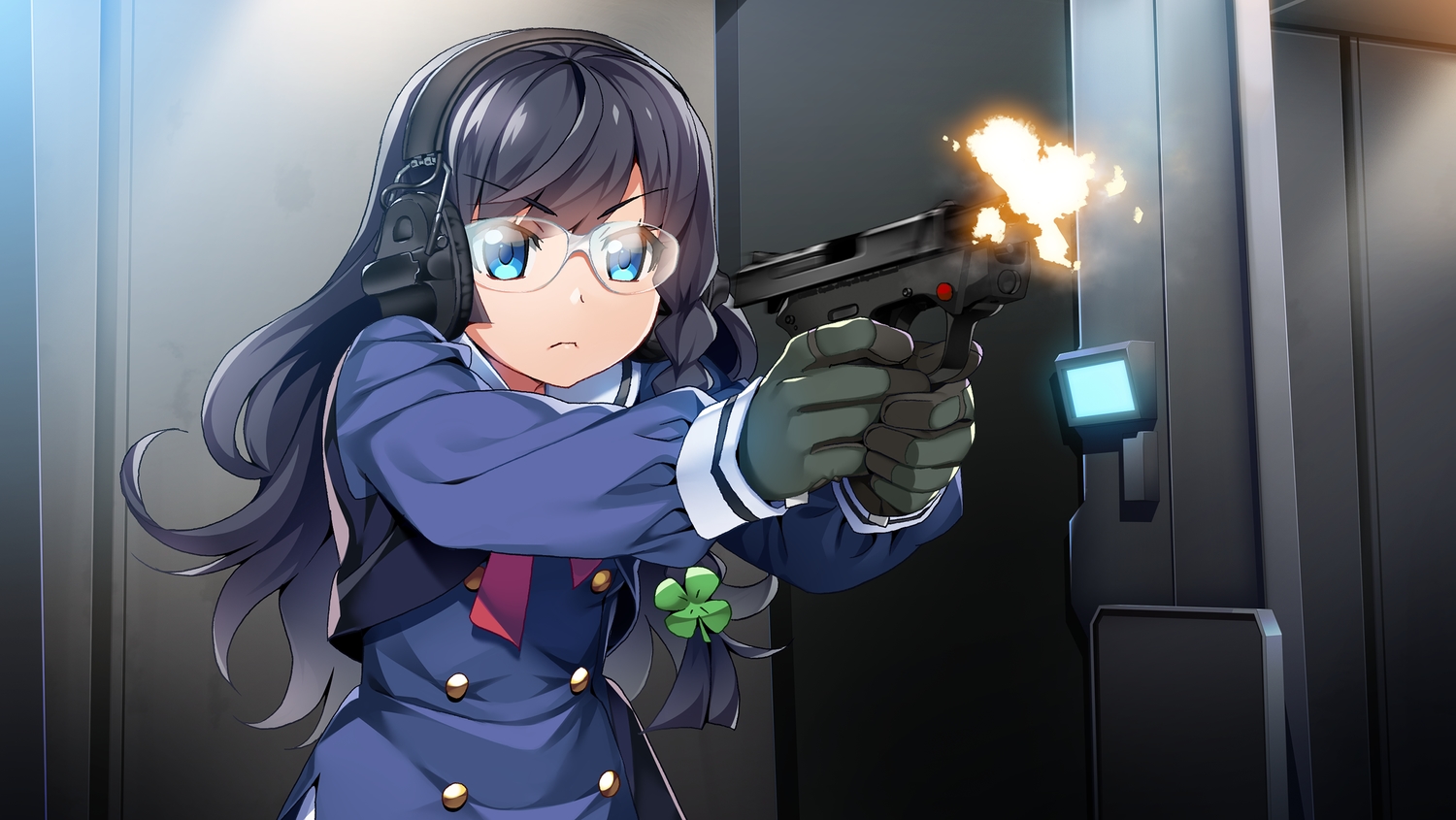 2girls, aqua_eyes, black_hair, braids, front_wing, game_cg, glasses, gloves, grisaia:_phantom_trigger, gun, headphones, long_hair, school_uniform, sengoku_taiga, watanabe_akio, weapon