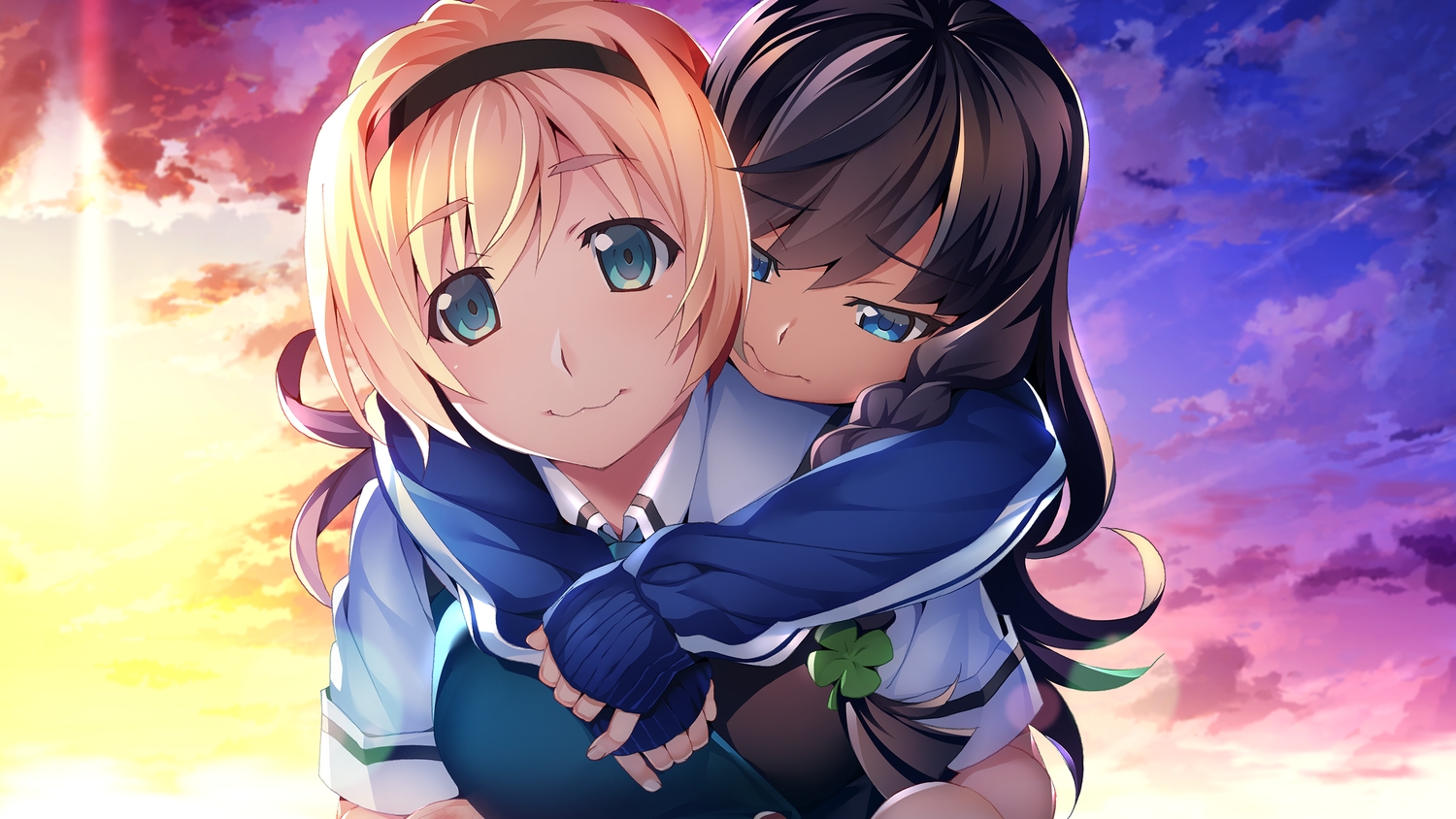 2girls, aqua_eyes, black_hair, blonde_hair, braids, clouds, front_wing, game_cg