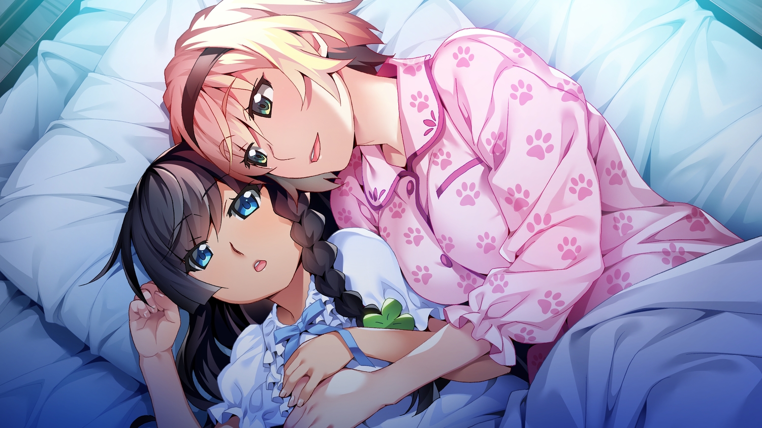 2girls, aqua_eyes, bed, black_hair, blonde_hair, braids, front_wing, game_cg, grisaia:_phantom_trigger, headband, kujirase_christina_sakurako, long_hair, pajamas, sengoku_taiga, short_hair, watanabe_akio