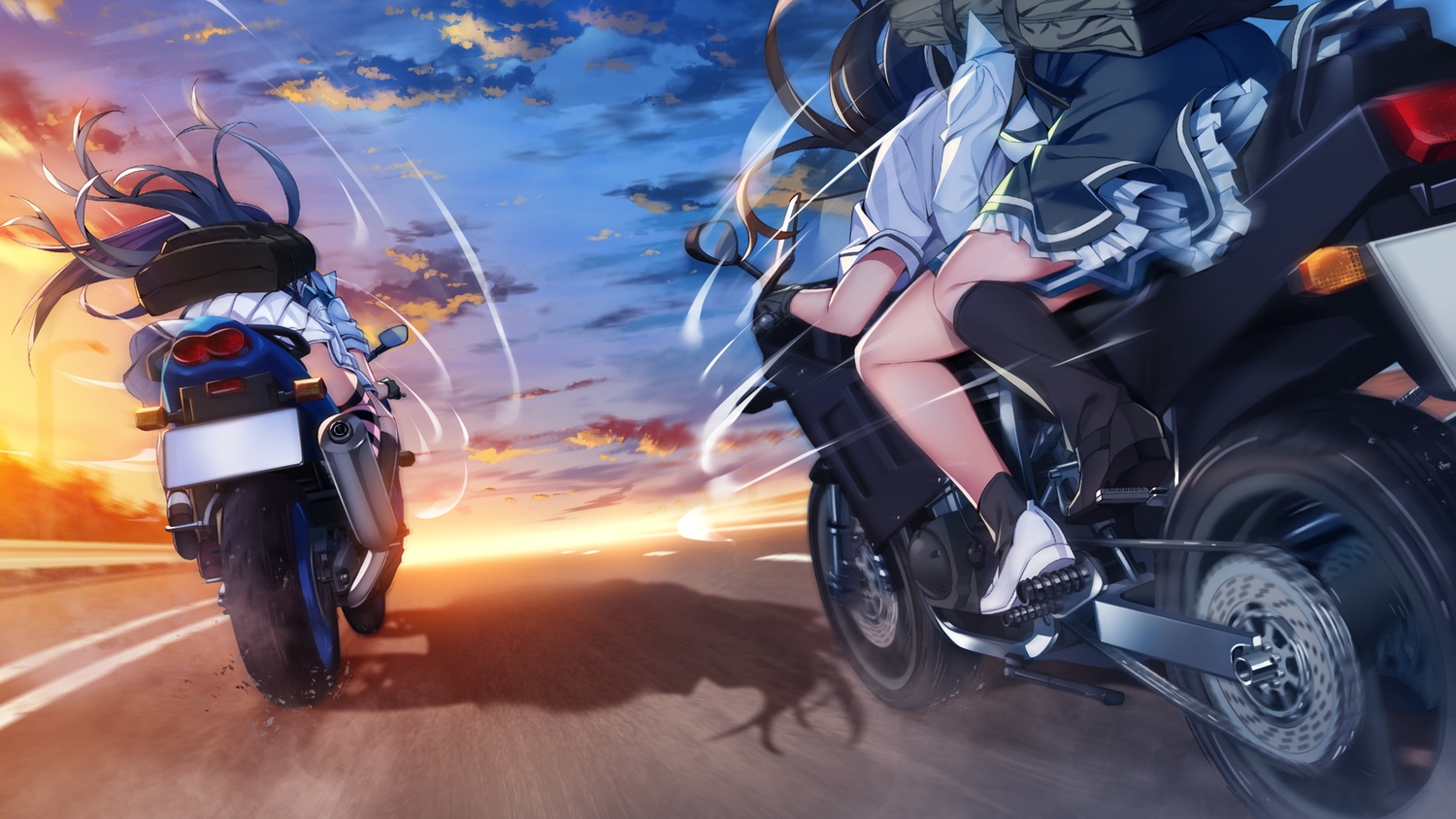 clouds, front_wing, game_cg, grisaia:_phantom_trigger, group, long_hair, motorcycle, school_uniform