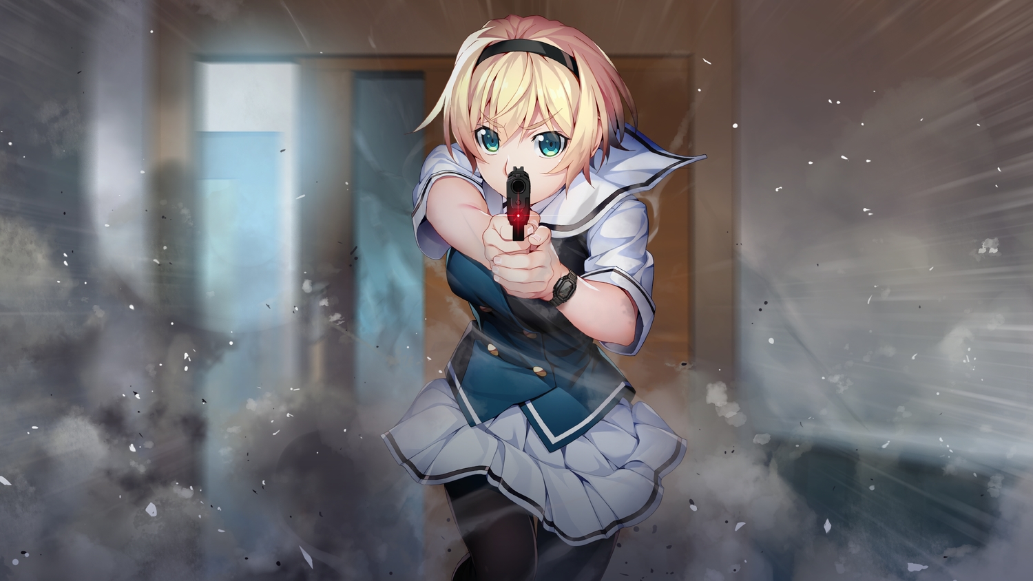 aqua_eyes, blonde_hair, front_wing, game_cg, grisaia:_phantom_trigger, gun, headband, kujirase_christina_sakurako