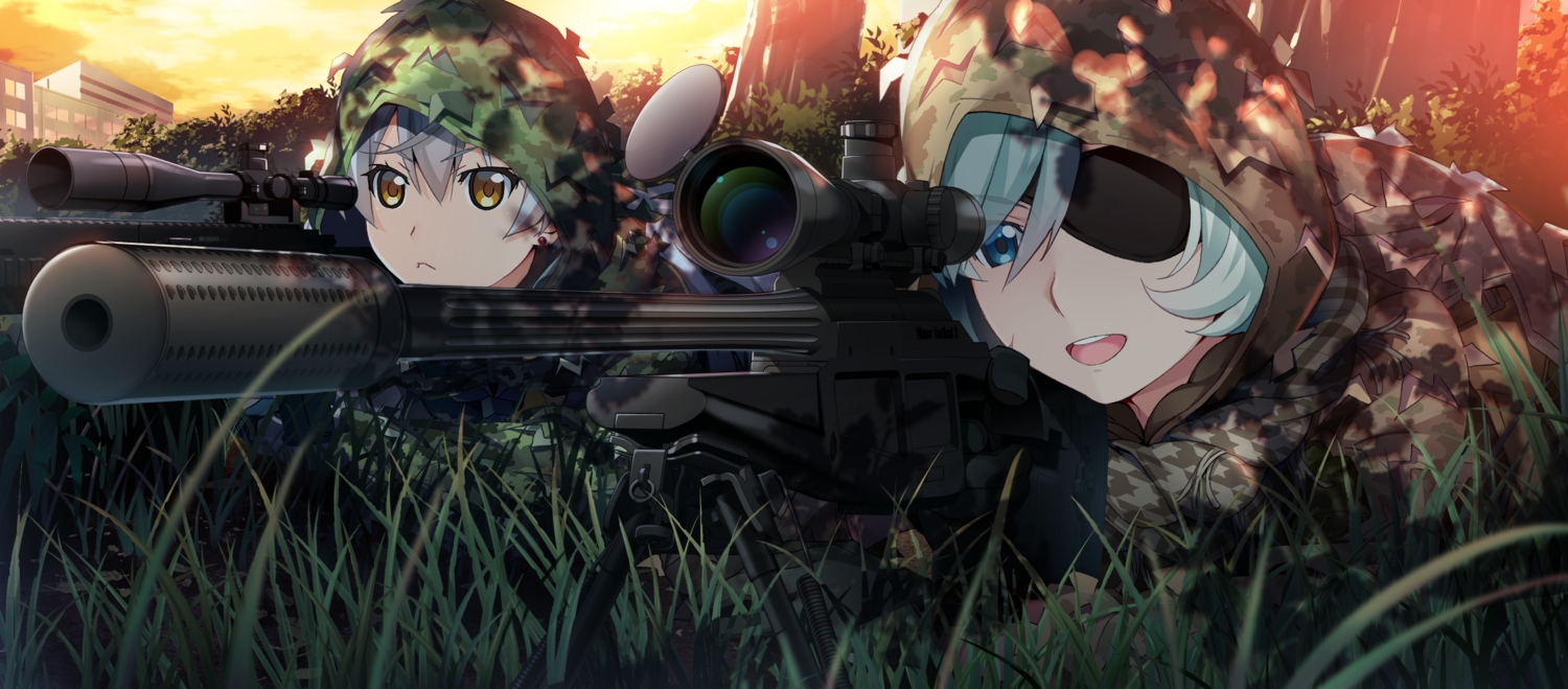 2girls, aqua_eyes, brown_eyes, eyepatch, front_wing, game_cg, grass, gray_hair