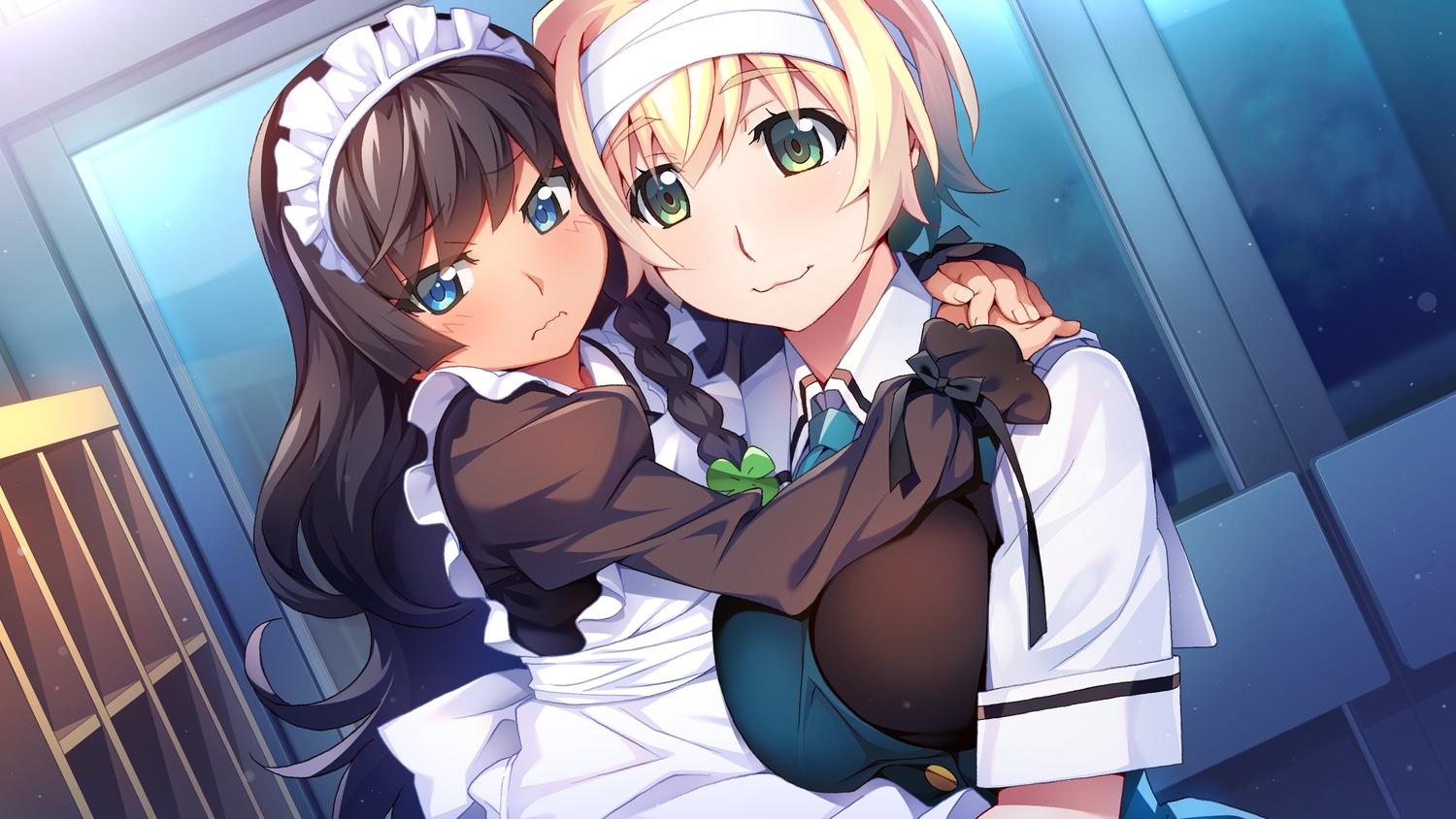 2girls, apron, aqua_eyes, black_hair, blonde_hair, blush, bow, braids