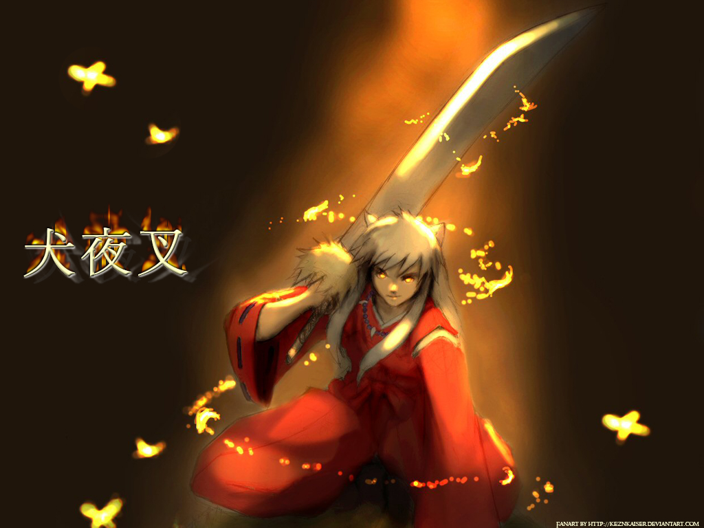 animal_ears, inuyasha, inuyasha_(character), japanese_clothes, necklace, sword, weapon, white_hair