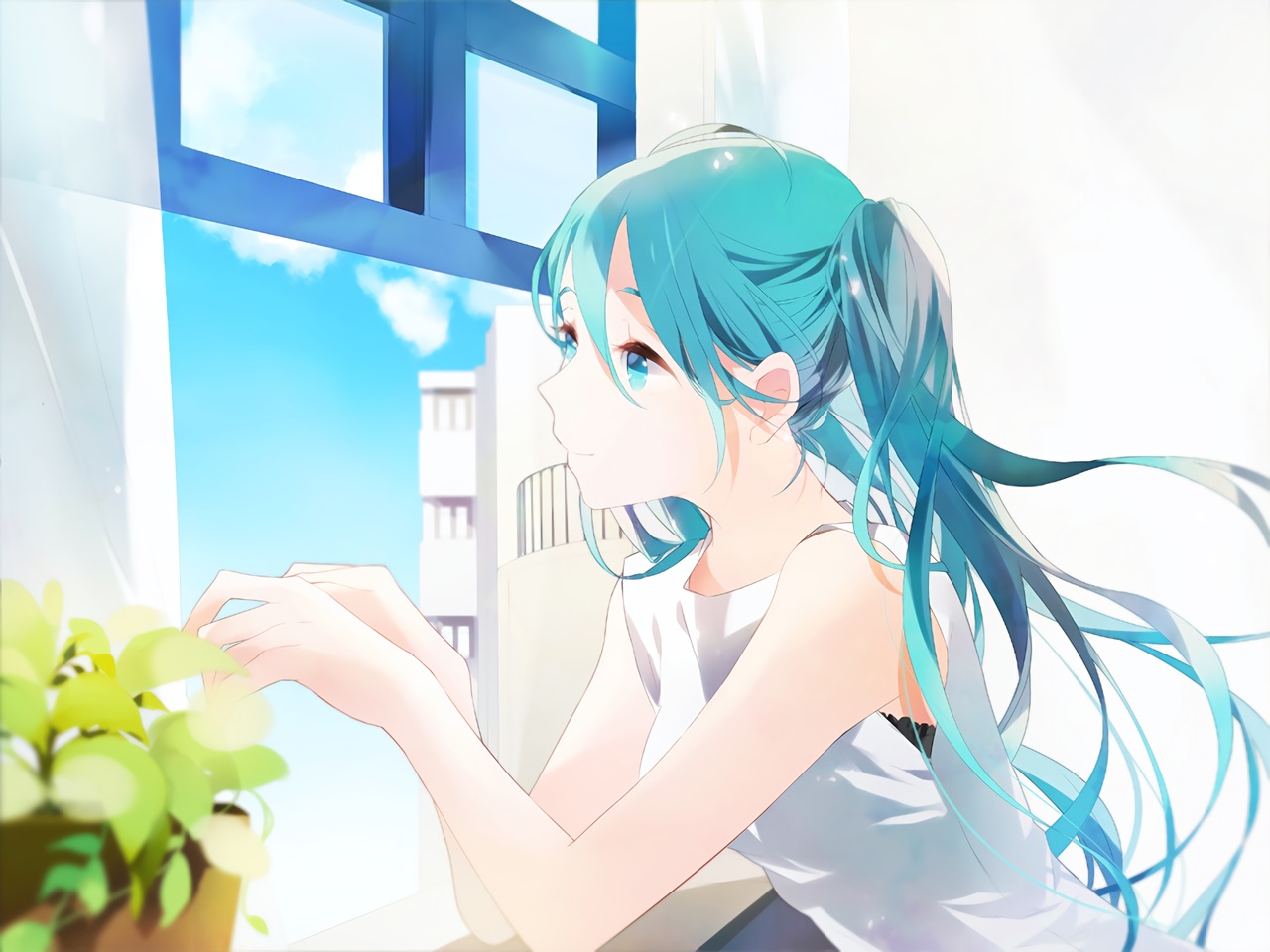 aqua_eyes, aqua_hair, hatsune_miku, kama_ri, long_hair, twintails, vocaloid, waifu2x